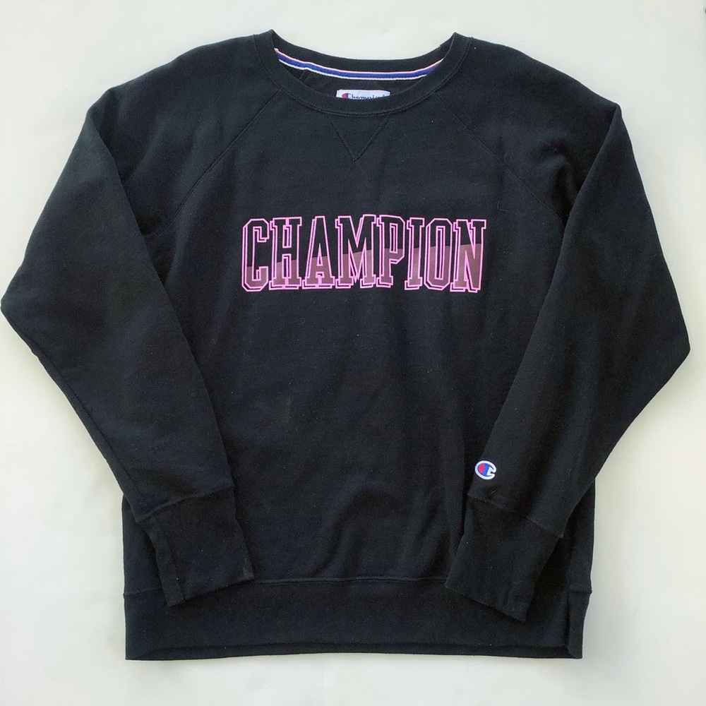 Black Champion Sweatshirt with Pink Lettering